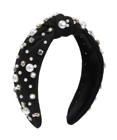 WantGor Pearl Knotted Headband Women Rhinestone Embellished Hairband Elegant Wide Top Knot Bride Headbands Headpieces Party Fashion Elegant Ladies Hair Band Hair Hoop Accessories (Black)