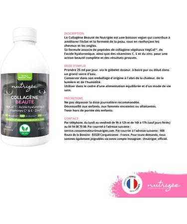 Collag ne Beaut Boisson Vegan Nutrig e Peptides VegCol acide hyaluronique vitamines C & E zinc peau ferme rides r duites cheveux renforc s clat naturel go t pomme kiwi 20 jours - Buy Online on GoSupps.com