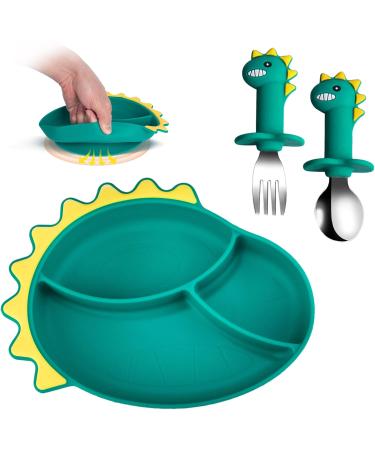 SFCCMM Silicone Toddler Plates Tableware Set Have Silicone Suction Plates and Forks Spoons Kids Grip Dish Self Feed Training Baby Dinner Plates Microwave Dishwasher Safe -Not BPA Free (Green)