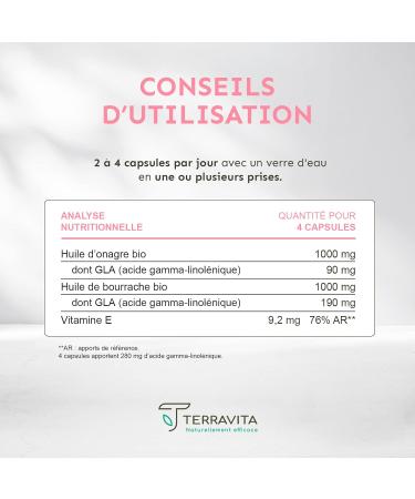 EVENING PRIMROSE and BORAGE | Organic Cold Pressed Oils | 120 Capsules of 500 mg | Deep Skin Hydration | Hormonal System Regulation | Ecocert Made in France Label | Terravita - Buy Online on GoSupps.com