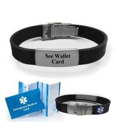 "SEE WALLET CARD" Sport/Slim Reversible Medical Alert ID Bracelet for Men and Women Black