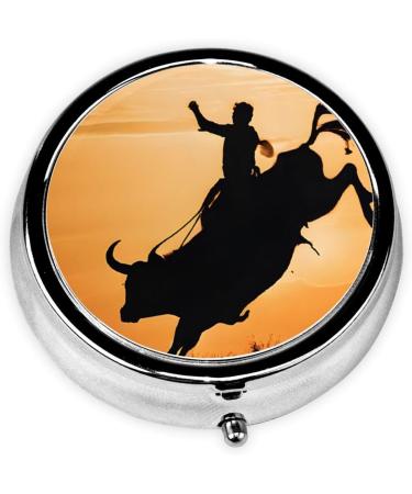 Cool Bull Riding Round Pill Box | 3 Compartment Travel Medicine Organizer | Mini Decorative Pocket Purse for Vitamins & Tablets - Buy Online on GoSupps.com