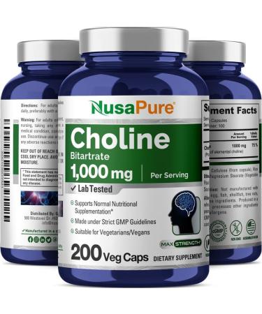 Buy NusaPure Choline Bitartrate 1000 mg - 200 Veggie Capsules | Vegetarian Non-GMO | International Shipping - Buy Online on GoSupps.com