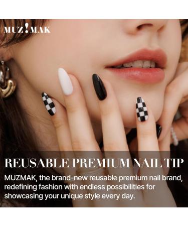 Reusable NJeans Press On Nails | 36-Piece Checkered Almond Fake Nails | Black & White Glue-On Nails for Women | K-POP Style Gift - Buy Online on GoSupps.com