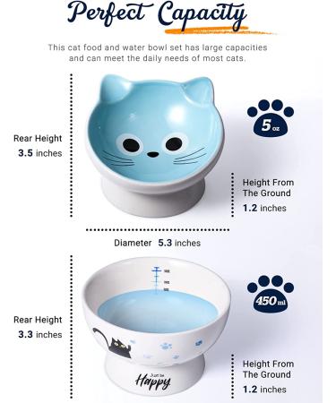 Ceramic Cat Bowls Set of 2 Blue - Raised, Tilted Design to Protect Cat's Spine, Prevent Vomiting - Stress-Free Feeding Solution for Male Cats - Buy Online on GoSupps.com