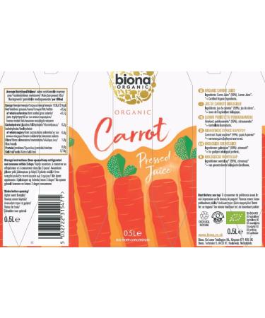  Biona BIONA Pressed Organic Carrot Juice 500ml Pack of 12 - Buy Online on GoSupps.com