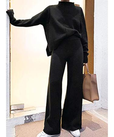 Fixmatti Women's Knitted High Neck Sweater Wide Leg Pant Set - Yy-black Large - Buy Online on GoSupps.com