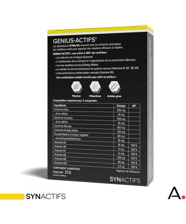 ARAGAN - Geniusactif - Memory and Concentration - Ginkgo Biloba Vitamins Bacopa Caffeine Guarana and Vitamins - 30 tablets - 15 days taken - Made in France - Buy Online on GoSupps.com
