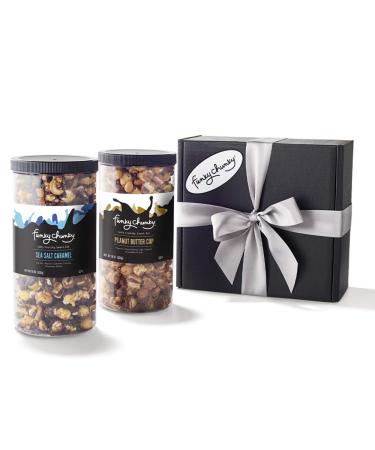 Funky Chunky Gourmet Popcorn, Chocolatey Popcorn, Pretzel, and Nutty Mixes, Gift Set, Sea Salt Caramel & Peanut Butter Cup Popcorn, 19-Ounce Canisters (Pack of 2)