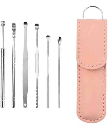 innovative spring earwax cleaner tool set 6 pcs/set Stainless Steel Ear Pick Spring Ear Spoon with Holster Stainless Steel Ear Wax Removal Cleaner Tool Set Earwax Removal Kit for Adults Kids (Pink)