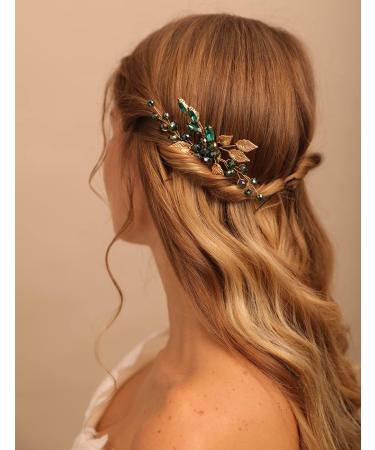 BERYUAN Gold Leaf Headpiece with Emerald Green Crystal - Wedding Hair Accessory Comb for Bride and Bridesmaid - Buy Online on GoSupps.com