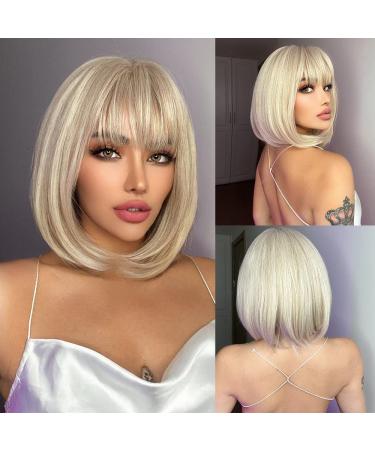 Short Blonde Wigs for Women Blonde Bob Wig with Bangs Straight Platinum Blonde Wig Natural Synthetic Blonde Wigs for Women Daily Party Use Heat Resistant 12 Inch- Platinum Blonde