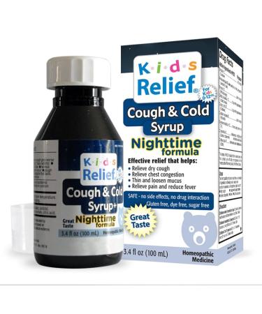 Kids Relief Cough & Cold Syrup, Relaxing Nighttime Formula for Kids 0-12, for Dry and Productive Cough, Caramel Flavor, Dye Free, No Added Sugar, 3.4 Fl Oz (Pack of 1)