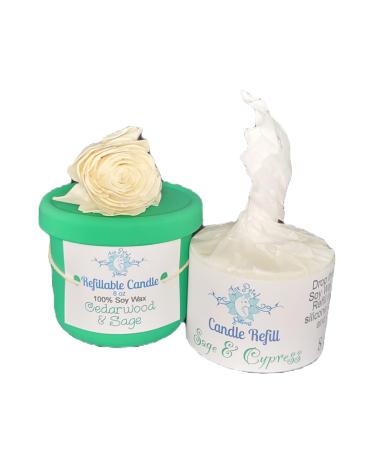 Cedarwood & Sage and Sage & Cypress Refillable Candle and Candle Refill Set 8oz Handmade Plant Based All Natural Zero Waste