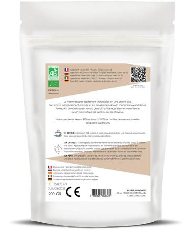 Herbes du Monde - Organic Neem Powder 200g: Superior Quality Internal Wellness & Cosmetics AB-Certified Anti-Fungal Skin & Hair Purifies Immune Support 100% Natural & Vegan - 1 sachet - Buy Online on GoSupps.com