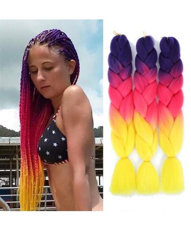 Fanvalfyu 3packs ombre braiding hair extensions kanecalon jumbo braiding hair extensions 24 inch braiding hair synthetic hair for crochet twist (purple-rosa-yellow) 24 inch (pack of 3) db-c39