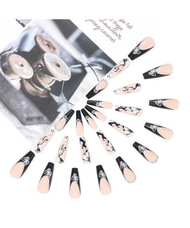 Brishow Beige French Long Press-On Nails with Black Butterfly | 24-Piece Ballerina Acrylic Set for Women & Girls - International Shipping Available - Buy Online on GoSupps.com