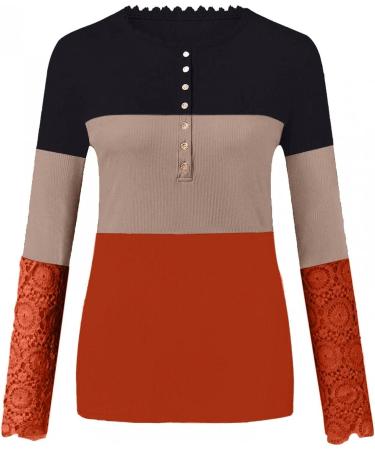 Women's Ribbed Knit Henley Long Sleeve Tunic - Casual Lace Top in Small Orange - Buy Online on GoSupps.com