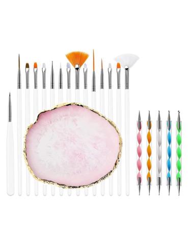 Lanlousy 20 Pieces Nail Art Brushes with 1 Piece Nail Tips Nail Supplies Nail Palette Polish Palette Manicure Design Tools White