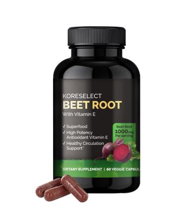 KORESELECT Beet Root 1000mg Capsules with Vitamin E - Nitric Oxide Supplement Booster for Blood Circulation  Antioxidants Immune Support  Athletic Performance with Vegan 60 Caps  for Women and Men