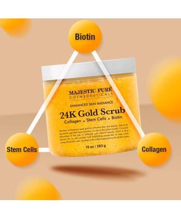Majestic Pure 24K Gold Scrub with Biotin, Collagen, Vitamin E & Stem Cell - Exfoliating Body Scrub and Skin Moisturizer - Natural Pore Cleanser and Exfoliator - 10oz for Men and Women - Buy Online on GoSupps.com