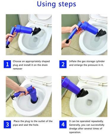 Cleaner Sewer Pipe Dredging Device Pneumatic Type Toilet Kitchen Floor Drain Blaster with Four Plugs Blue - Buy Online on GoSupps.com