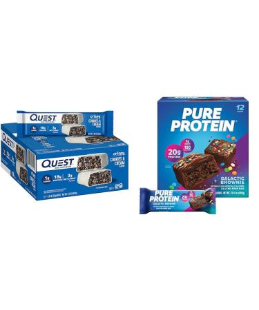 Quest Cookies & Cream Hero Protein Bar 18g Protein 12 Count & Pure Protein Galactic Brownie Bars 20g Protein 12 Count