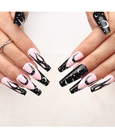 Vatocu Long Pink Flame Tai Chi Press-On Coffin Nails - 24 Pack Ballerina Acrylic Fake Nails for Women & Girls - Black & White Full Cover - Buy Online on GoSupps.com