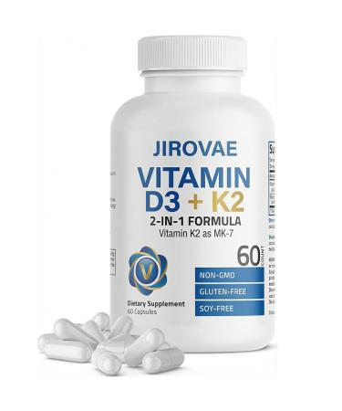 Jirovae Vitamin D3 + K2 (MK-7) 5000 IU/100 mcg 2-in-1 Bone & Calcium Support Vegetarian Capsules Non-GMO Gluten-Free Soy-Free 60 Count