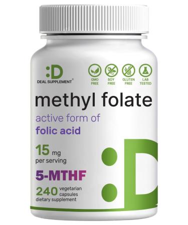 DEAL SUPPLEMENT L Methylfolate 15mg Per Serving 240 Veggie Capsules Active Folic Acid Form (5-MTHF) Bioavailable Methylated Folate Prenatal Energy & Brain Support Supplement Non-GMO L Methyl folate 15mg - Active Vitamin B9 Form