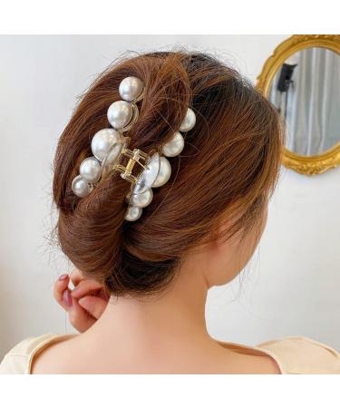 Geometric Pearl Rhinestone Hair Claw Clip - Elegant Acrylic Hairpin for Women | Large Size Hair Accessory Barrette | White Pearl Crab Decoration - 1Pcs - Buy Online on GoSupps.com