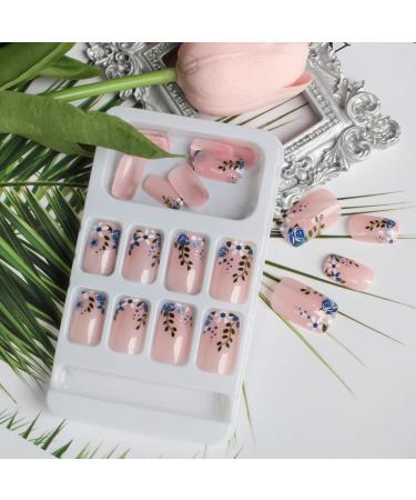 Floral Blue Flower Oval Press on Nails - 24Pcs Medium Length False Nails for Women and Girls - Buy Online on GoSupps.com