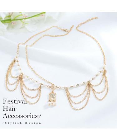 Zoestar Bridal Pearl Head Chain Gold Crystal Pendant Headpiece Boho Festival Headband Wedding Hair Jewelry for Women and Girls - Buy Online on GoSupps.com