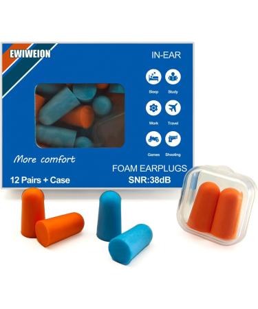 Soft Foam Earplugs (12 Pairs) with Case | Noise Reduction for Sleep Travel Concerts & More | SNR 38dB - Blue/Orange - Buy Online on GoSupps.com