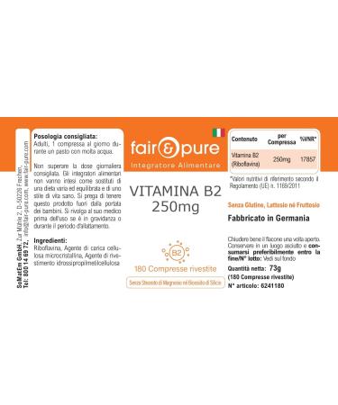 Fair & Pure Vitamine B2 250mg 180 comprim s 250mg de vitamine B2 (riboflavine) par comprim facile avaler compl ment alimentaire v g talien sans additifs fabriqu en Allemagne - Buy Online on GoSupps.com