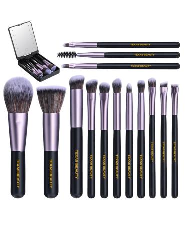 14-Piece Makeup Brush Set with LED Mirror | Travel-Friendly Foundation Powder Eye Brushes Kit (Black)