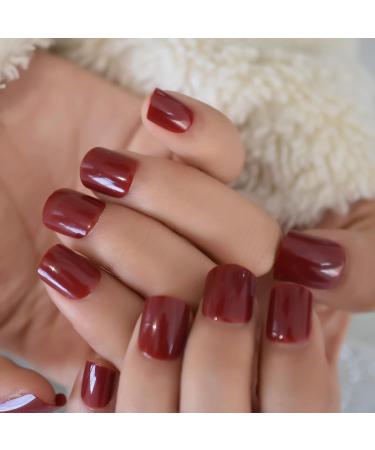 24pcs Burgundy Glossy Short Square False Nails - Perfect Valentine's Day Gift | Solid Color Nail Art for Every Occasion - Buy Online on GoSupps.com