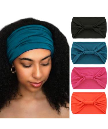 Woeoe African Headbands Knotted Hairbands Black Yoga Sport Head Wraps Wide Elastic Head Scarf for Women and Girls (Pack of 4) green,orange,black,pink