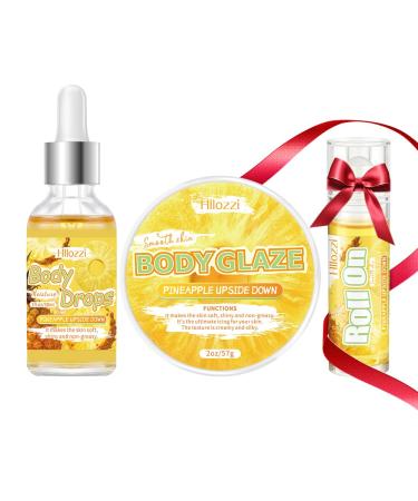 Hllozzi Pineapple Upside Down Body Care Collection Roll On Body Drops and Body Glaze Sweet Fruity Scent Portable Daily Use (Pineapple Full Body Care Trio)