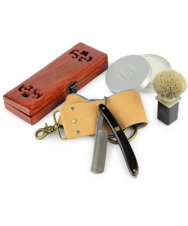 AP Donovan - Luxury 7/8" Razor Set - Damascus Pattern - Sandalwood - Shaving Brush - Strop