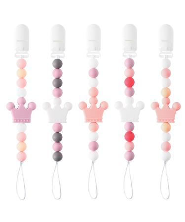 QIMGIC 5pcs Crown Pacifier Clip Teether  Cute Pacifier Holder Teethers for Girls  Teething Soothie Toy with Clips for Baby Shower Birthday Christmas New Year Keepsake Gift