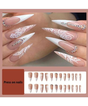 Kamize Stiletto Press on Fake Nails with Rhinestones and Flower Design - Full Cover Acrylic Bling False Nails for Women and Girls - Buy Online on GoSupps.com