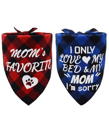 2 PCS Mothers Day Dog Bandana Plaid Triangle Dog Scarf Moms Favorite and I Only Love My Bed and My Mom Im Sorry Pattern Red and Blue Red & Blue