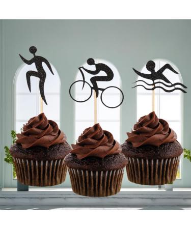 Morndew 24 PCS Black Glitter Triathlon Cupcake Toppers Swimming Running Cycling Picks for Sports Theme Party Anniversary Party Birthday Party Baby Shower Wedding Party Decorations - Buy Online on GoSupps.com