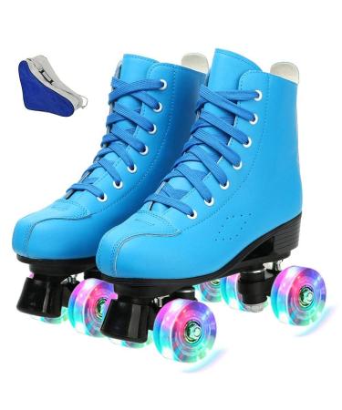 XUDREZ Roller Skates, Double Row Skates Adjustable Leather High-top Roller Skates Perfect Indoor Outdoor Adult Roller Skates with Bag blue flash Women's 12 / Men's 10.5