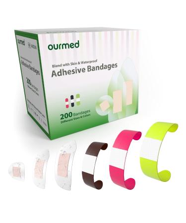 Ourmed Universal Pflaster Waterproof wound pavement - flexible fabric tabages and waterproof non -stick bandages latex -free for cuts abrasions bubbles various sizes 200 strips Series B - 200 Count