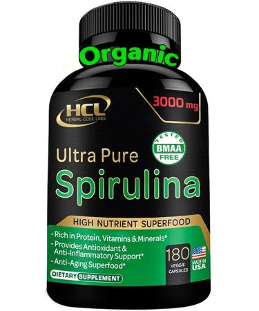 Organic Spirulina Powder Capsules 3000 mg - Purest Non-Irradiated Blue Green Algae - Best Raw Vegan Protein - Green Superfood - Natural Multivitamins  180 Pills Made in The USA