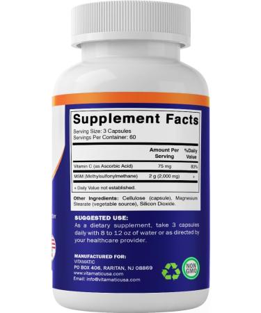 Vitamatic MSM 2000 mg with Vitamin C 75mg per Serving - 180 Veg Capsules - Vitamin C Aid in Better absopriton of MSM (Methylsulfonylmethane) - Non-GMO & Gluten Free-2 Pack - Buy Online on GoSupps.com