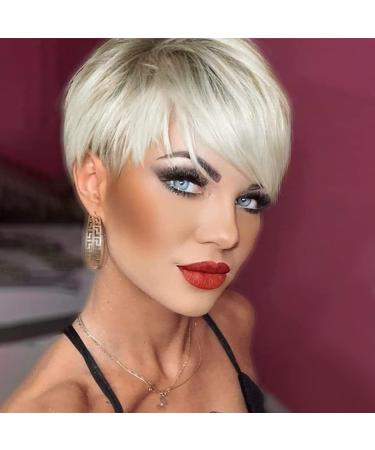 Creamily Short Blonde Wig for Women Ombre Blonde Wigs Natural Layered Straight Synthetic Hair Wig with Bangs Short Wigs for Women Platinum Blonde Wig for women B-Ombre Platinum Blonde