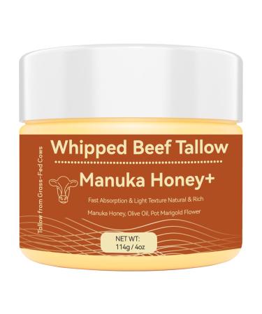 4 Oz Beef Tallow for Skin - Organic Grass-Fed Whipped Manuka Honey Balm - Deeply Moisturizing for Face & Body - Natural Skin Care for Soft Supple 114g 4 Fl Oz (Pack of 1)